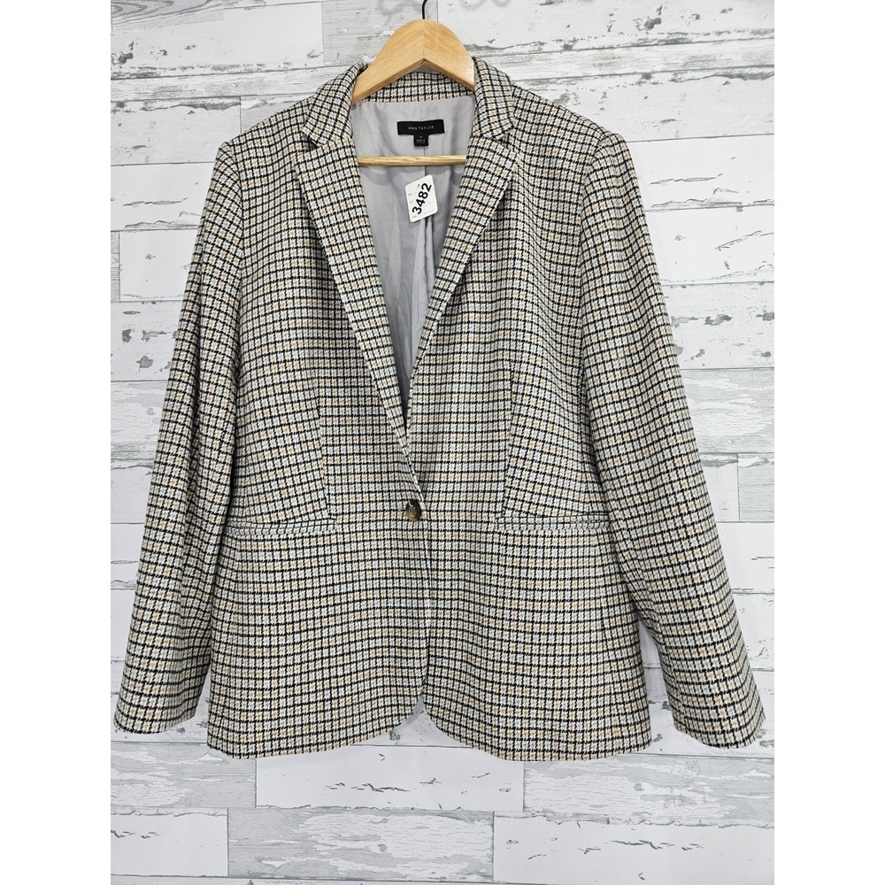 Ann Taylor Womens Plaid Wool Blend Single Button Blazer Jacket Tan Black Size 14